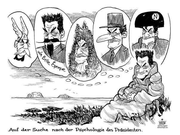  Oliver Schopf, politischer Karikaturist aus Österreich, politische Karikaturen, Illustrationen Archiv politische Karikatur Europa Frankreich 2007: nicolas sarkozy, de gaulle, napoleon bonaparte, louis napoleon, ludwig XIV, asterix, psychologie des praesidenten



