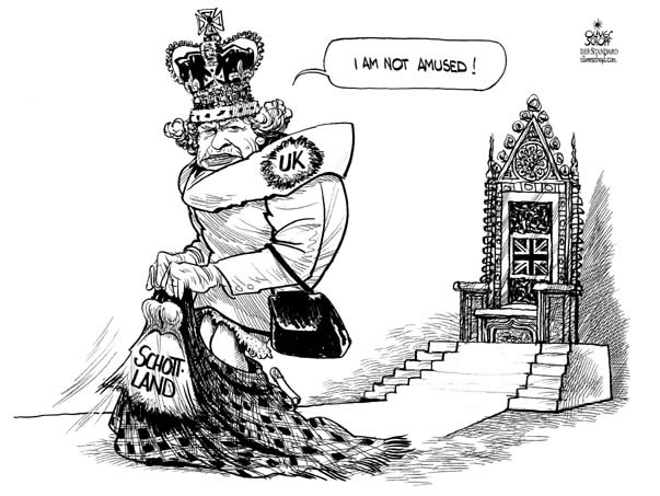  
Oliver Schopf, editorial cartoons from Austria, cartoonist from Austria, Austrian illustrations, illustrator from Austria, editorial cartoon
Europe Great Britain 2007, Scotland wants to become independent. queen elizabeth II, scotland, independence, kilt, throne 

