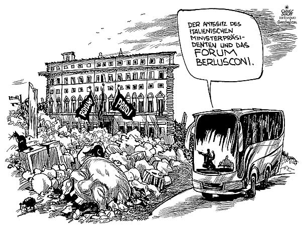  Oliver Schopf, politischer Karikaturist aus Österreich, politische Karikaturen, Illustrationen Archiv politische Karikatur Europa Italien 2007: regierungskrise, romano prodi, forum romano, ruinen, antike staette



