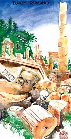  Oliver Schopf, politischer Karikaturist aus Österreich, politische Karikaturen, Illustrationen Archiv politische Karikatur Europa Italien Italien 2007: italien, regierungskrise, romano prodi, forum romano, ruinen, antike staette



