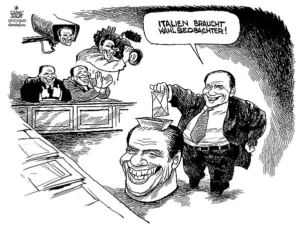  Oliver Schopf, politischer Karikaturist aus Österreich, politische Karikaturen, Illustrationen Archiv politische Karikatur Europa Italien Italien 2006, Wahlbeobachtung a la Berlusconi



