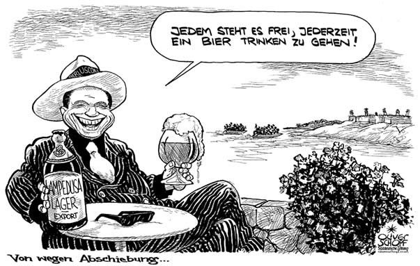  Oliver Schopf, politischer Karikaturist aus Österreich, politische Karikaturen, Illustrationen Archiv politische Karikatur Europa Italien Italien 2009:
Italien, lampedusa, fluechtlingslager, berlusconi, bier, abschiebung



