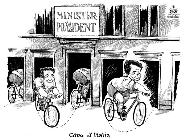  
Oliver Schopf, editorial cartoons from Austria, cartoonist from Austria, Austrian illustrations, illustrator from Austria, editorial cartoon
Europe EU eu European union italy 
  Prime Minister and former cyclist Romano Prodi steps down in order to intend to come back.
