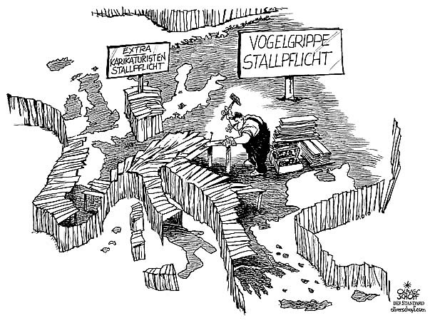  Oliver Schopf, politischer Karikaturist aus Österreich, politische Karikaturen, Illustrationen Archiv politische Karikatur Europa Klima und Umwelt
 Stallpflicht auf grund der Vogelgrippe, H5n1
