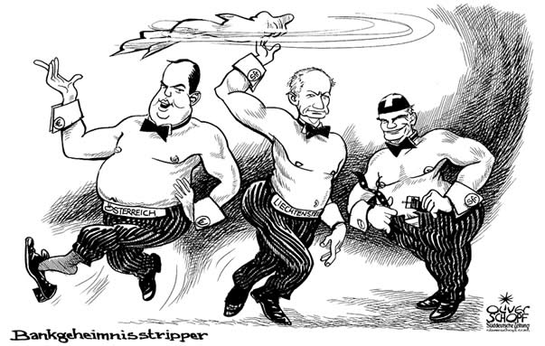  
Oliver Schopf, editorial cartoons from Austria, cartoonist from Austria, Austrian illustrations, illustrator from Austria, editorial cartoon
Europe Miscellaneous 2009: eu european union eu european union bank secret secrecy discretion, austria, liechtenstein, swizzerland, josef proell, prince hans adam 2nd of liechtenstein, chippendales, stripper

