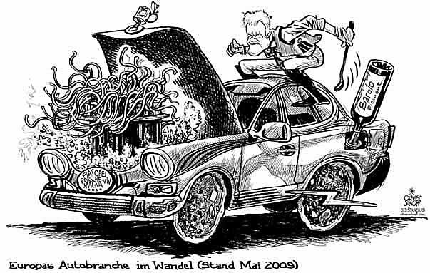  
Oliver Schopf, editorial cartoons from Austria, cartoonist from Austria, Austrian illustrations, illustrator from Austria, editorial cartoon
Europe Miscellaneous 2009: eu, car, fiat, opel, vw, porsche, magna, frank stronach ceo magna horseback riding on a vehicle boiling motor spaghetti fuel is barolo italian wine
