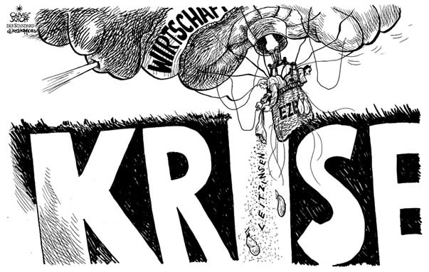  Oliver Schopf, politischer Karikaturist aus Österreich, politische Karikaturen, Illustrationen Archiv politische Karikatur Europa europäische Wirtschaft Finanzen 2009: krise ezb wirft ab um nicht mit fesselballon am boden zu zerschellen
eu europäische union ezb, krise, wirtschaft, leitzinsen, heissluftballon, sandsaecke





