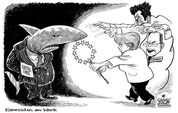  Oliver Schopf, politischer Karikaturist aus Österreich, politische Karikaturen, Illustrationen Archiv politische Karikatur Europa europäische Wirtschaft Finanzen  2009: exorzisten am werk kapitalismus hai wegzauber- exorzismus- teufelsaustreibungsversuche merkel szarkozy steinbrück
eu europäische union kapitalismus, finanzhai,   austreiben  Politik Politiker 



