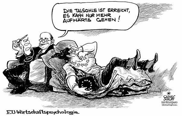 Oliver Schopf, politischer Karikaturist aus Österreich, politische Karikaturen aus Österreich, Karikatur Illustrationen Europa 2009 eu wirtschaftspsychologie die talsohle ist erreicht es kann nur mehr aufwärts gehen
eu, europäische union wirtschaftskommissar, fruehjahrskonjunkturgutachten, talsohle, psychologie, couch 



