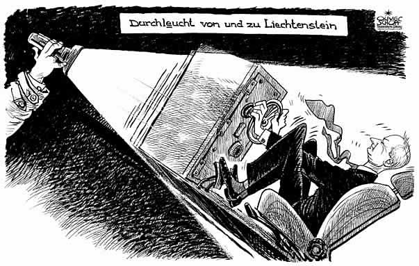  Oliver Schopf, politischer Karikaturist aus Österreich, politische Karikaturen, Illustrationen Archiv politische Karikatur Europa europäische Wirtschaft Finanzen 2008: fuerstentum liechtenstein, fuerst hans adam II., steuer, tresor, autositz, durchleuchten, taschenlampe




