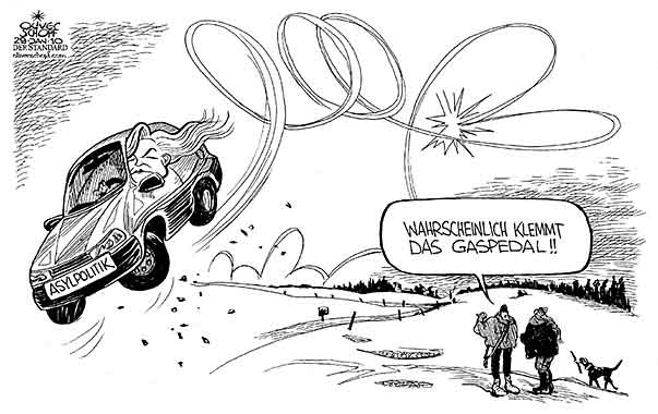  Oliver Schopf, politischer Karikaturist aus Österreich, politische Karikaturen, Illustrationen Archiv politische Karikatur Asylrecht Migration in Österreich  2010:fekter asylpolitik toyota gaspedal schleudern