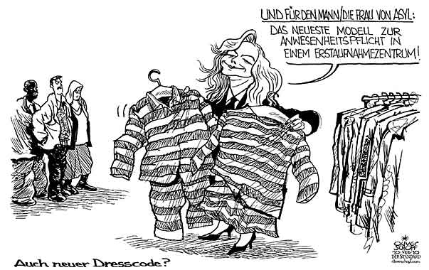  Oliver Schopf, politischer Karikaturist aus Österreich, politische Karikaturen, Illustrationen Archiv politische Karikatur Asylrecht Migration in Österreich  2010: 2010: fekter asyl, fluechtling mode straeflingskleidung dresscode anwesenheitspflicht erstaufnahmezentrum