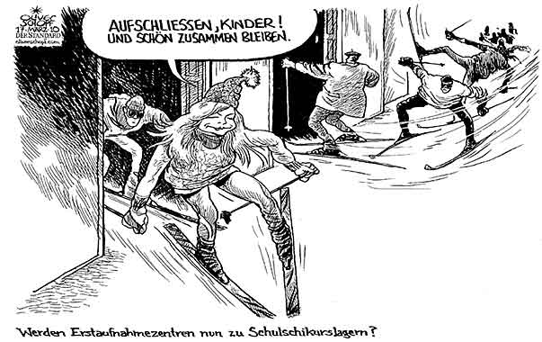  Oliver Schopf, politischer Karikaturist aus Österreich, politische Karikaturen, Illustrationen Archiv politische Karikatur Asylrecht Migration in Österreich  2010: asyl fekter erstaufnahmezentren anwesenheitspflicht schulschikurs