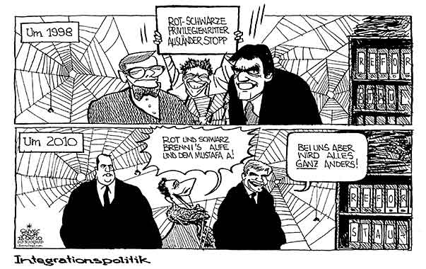  Oliver Schopf, politischer Karikaturist aus Österreich, politische Karikaturen, Illustrationen Archiv politische Karikatur Asylrecht Migration in Österreich  2010: integration politik grosse koalition klima schuessel grosse koalition faymann proell haider strache reformstau


