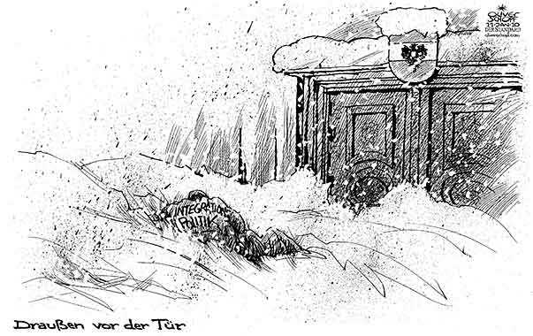  Oliver Schopf, politischer Karikaturist aus Österreich, politische Karikaturen, Illustrationen Archiv politische Karikatur Asylrecht Migration in Österreich  2010: integration, integrationspolitik, schnee, winter, tor, draussen vor der tuer 