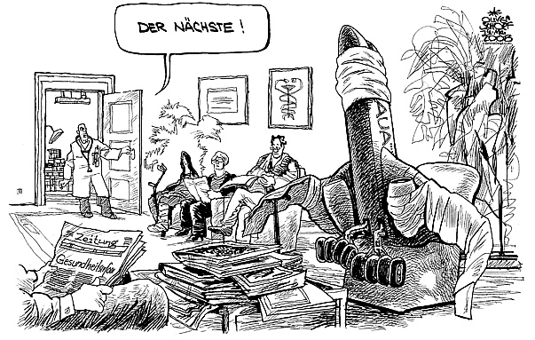  Oliver Schopf, politischer Karikaturist aus Österreich, politische Karikaturen, Illustrationen Archiv politische Karikatur Österreich: AUA Austrian Airlines 2008:
arzt, wartezimmer, gesundheitsreform
