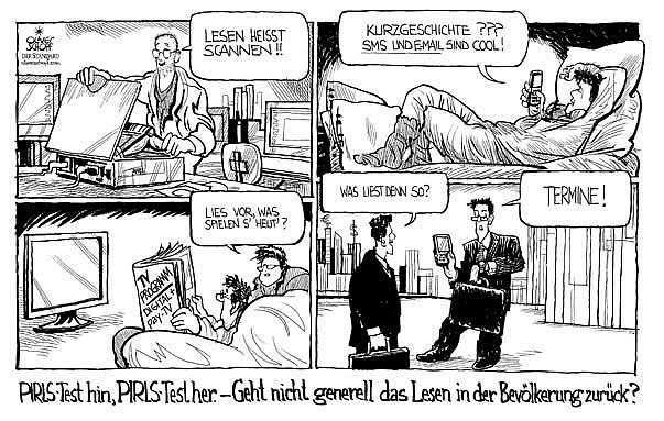  Oliver Schopf, politischer Karikaturist aus Österreich, politische Karikaturen, Illustrationen Archiv politische Karikatur Österreich: Bildung 2007; pirls-test, lesen, lesetest