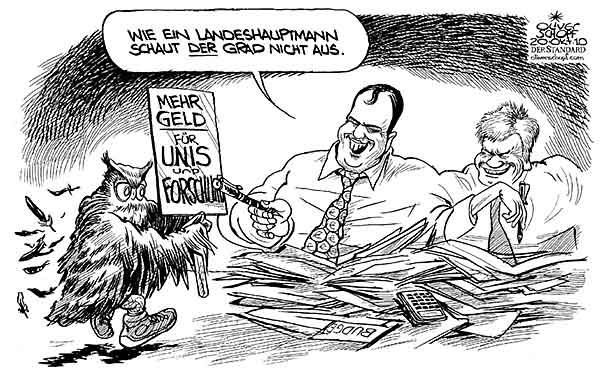 Oliver Schopf, politischer Karikaturist aus Österreich, politische Karikaturen aus Österreich, Karikatur, Illustrationen Politik Politiker Österreich 2010: uni hochschulpolitik budget uni bildung forschung protest faymann proell 
 