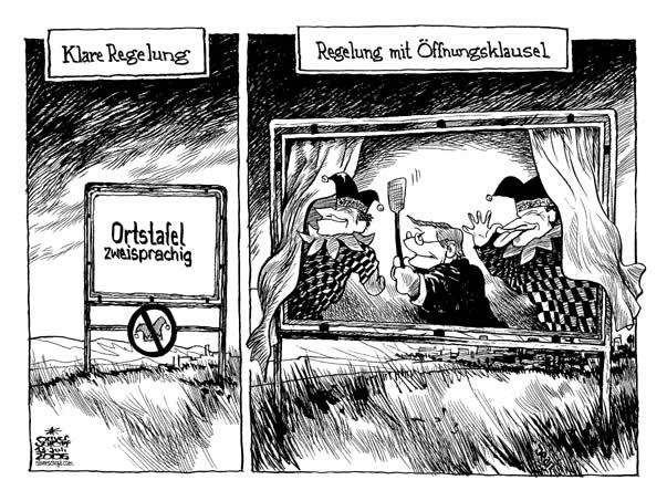  Oliver Schopf, politischer Karikaturist aus Österreich, politische Karikaturen, Illustrationen Archiv politische Karikatur Österreich Regierung Schüssel 
wolfgang schuessel, bundeskanzlerKärnten 2006: schuessel, haider, ortstafel, zweisprachig, oeffnungsklausel, kasperltheater, regelung
