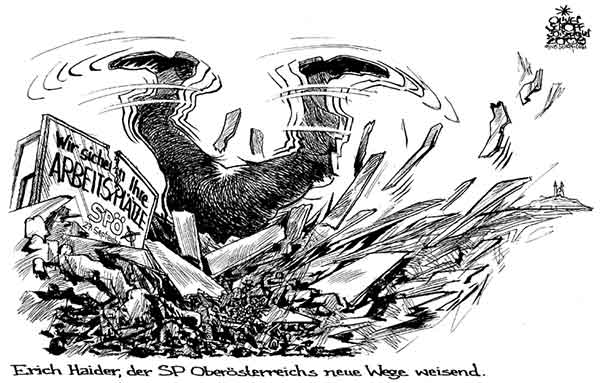  Oliver Schopf, politischer Karikaturist aus Österreich, politische Karikaturen, Illustrationen Archiv politische Karikatur Österreich: Landeshauptleute Oberösterreich Bundesländer 2009:
nach der oberösterreich wahl erich haider der sp oberösterreich spoe neue wege weisend zapelnde hosenbeine oberkörper im erdreich wahlplakat im hintergrund wir sichern ihre arbeitsplätze, oberoesterreich, erich haider, strampeln, einbruch, wege Politik Politiker