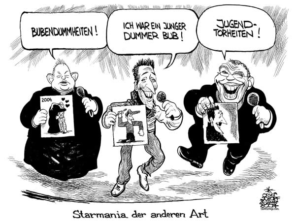  Oliver Schopf, politischer Karikaturist aus Österreich, politische Karikaturen, Illustrationen Archiv politische Karikatur Österreich 2007 
kurt krenn, hc strache, gusenbauer, dumme buben, jugendtorheiten, bubendummheiten, starmania
       