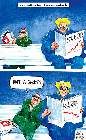  Oliver Schopf, politischer Karikaturist aus Österreich, politische Karikaturen, Illustrationen Archiv politische Karikatur Österreich: 2008:
Eu, oesterreich, europaeische gemeinschaft, konjunktur, rezession, kalt

  