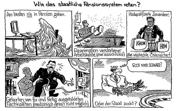  Oliver Schopf, politischer Karikaturist aus Österreich, politische Karikaturen, Illustrationen Archiv politische Karikatur Österreich: 2010: pensionen pensionsreform retten arbeiten 

  