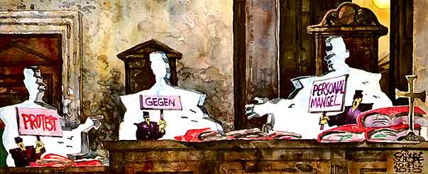  Oliver Schopf, politischer Karikaturist aus Österreich, politische Karikaturen, Illustrationen Archiv politische Karikatur Österreich Justiz 2010: gericht richter staatsanwalt personalmangel protest

  