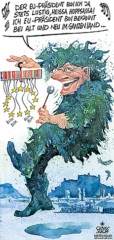  
Oliver Schopf, editorial cartoons from Austria, cartoonist from Austria, Austrian illustrations, illustrator from Austria, editorial cartoon
Europe austria presidency of the european union 2006 Chancellor Schuessel singing dancing as papageno role from opera magicflute by Wolfgang Amadeus Mozart the mozart jubilee Year 2006 and the Austrian presidency in the EU  

