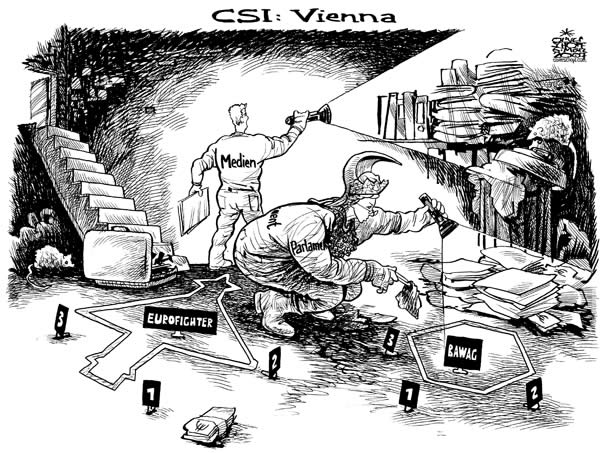 Oliver Schopf, politischer Karikaturist aus Österreich, politische Karikaturen, Illustrationen Archiv politische Karikatur Österreich: Eurofighter 2007 csi, vienna, eurofighter, bawag, parlament, pallas athene, medien, forensik, untersuchung

 