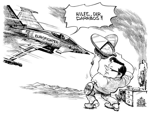 Oliver Schopf, politischer Karikaturist aus Österreich, politische Karikaturen, Illustrationen Archiv politische Karikatur Österreich: Eurofighter 2007 norbert darabos, eurofighter, zivildiener, abwehr
 