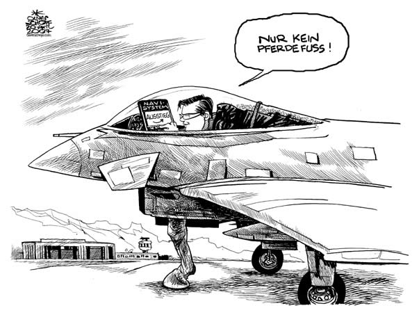 Oliver Schopf, politischer Karikaturist aus Österreich, politische Karikaturen, Illustrationen Archiv politische Karikatur Österreich: Eurofighter 2007 Verteidigungsminister Darabos und der Ausstieg aus dem Eurofighter-Vertrag
 