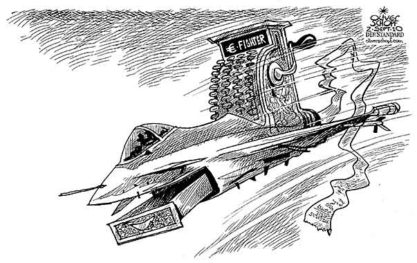 Oliver Schopf, politischer Karikaturist aus Österreich, politische Karikaturen, Illustrationen Archiv politische Karikatur Österreich: Eurofighter 2010: eurofighter kampfjet registrierkassa rechnung kosten teuer

Der erste „Neutralitätsfighter“ trifft ein.. 