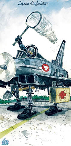 Oliver Schopf, politischer Karikaturist aus Österreich, politische Karikaturen, Illustrationen Archiv politische Karikatur Österreich: Eurofighter2007 eurofighter, sparfighter, schmetterlingsnetz, notfallkoffer eurofighter,regierungskoalition, spoe, oevp, 
fallschirmspringer, gurt, zerschneiden, eurofighter
 