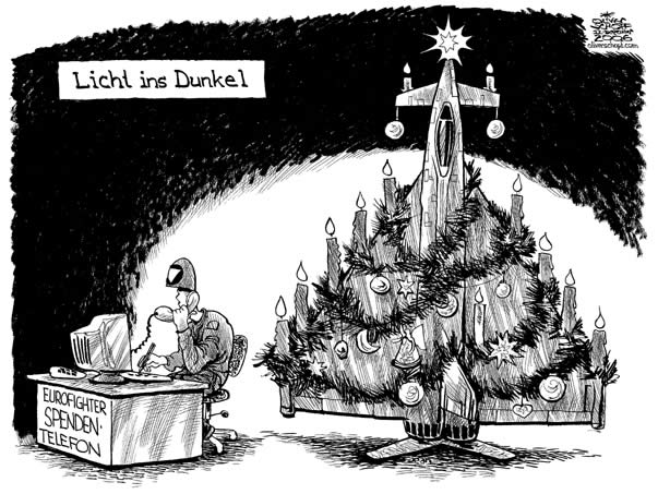 Oliver Schopf, politischer Karikaturist aus Österreich, politische Karikaturen, Illustrationen Archiv politische Karikatur Österreich: Eurofighter 2007 
eurofighter, licht ins dunkel, weihnachten, bundesheer, spendentelefon
 