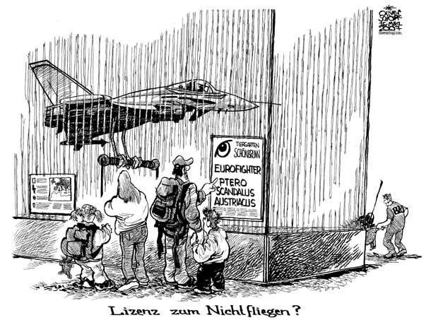 Oliver Schopf, politischer Karikaturist aus Österreich, politische Karikaturen, Illustrationen Archiv politische Karikatur Österreich: Eurofighter 2007 lizenzen, tiergarten schoenbrunn,
ptero saurus, kaefig, bzoe
 