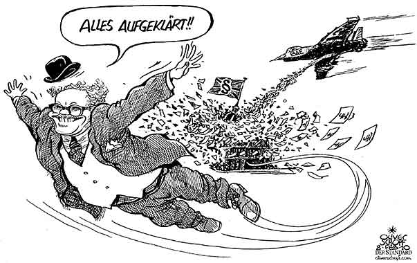 Oliver Schopf, politischer Karikaturist aus Österreich, politische Karikaturen, Illustrationen Archiv politische Karikatur Österreich: Eurofighter 2010: BAE systems alfons mensdorff-pouilly kampfjet fliegen geldscheine weiße weste aufklaeren