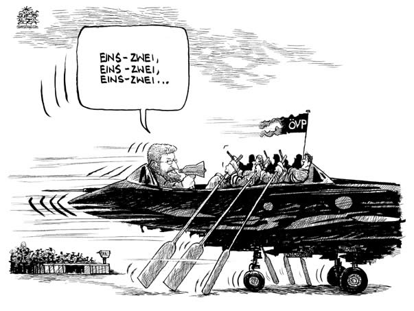 Oliver Schopf, politischer Karikaturist aus Österreich, politische Karikaturen, Illustrationen Archiv politische Karikatur Österreich: Eurofighter 2007 oevp, wilhelm molterer, zurueckrudern
 