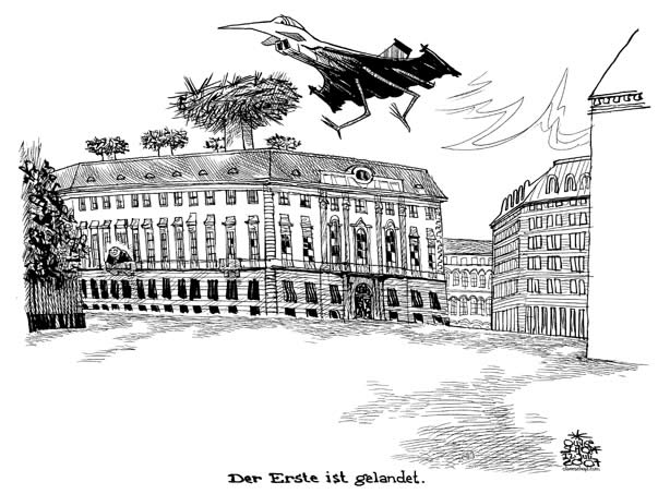 Oliver Schopf, politischer Karikaturist aus Österreich, politische Karikaturen, Illustrationen Archiv politische Karikatur Österreich: Eurofighter2007 bundeskanzleramt, ballhausplatz, storch, storchennest

Der erste „Neutralitätsfighter“ trifft ein