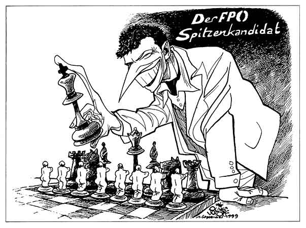  Oliver Schopf, politischer Karikaturist aus Österreich, politische Karikaturen, Illustrationen Archiv politische Karikatur Österreich: Jörg joerg Haider 1999:
joerg haider, fpoe, spitzenkandidat, koenig, schach, schachfigur

 