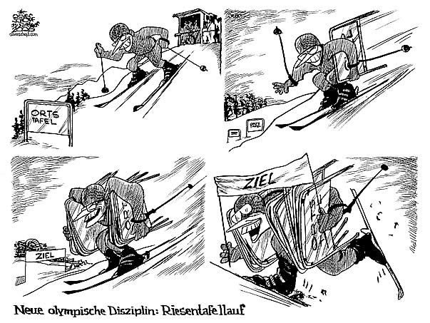  
Oliver Schopf, editorial cartoons from Austria, cartoonist from Austria, Austrian illustrations, illustrator from Austria, editorial cartoon
Europe austria  new olimpic disciplin downhill race with Carinthia’s governor Joerg Haider  concerning billingual city-traffic-signs in the southern federal country downhillrace, carinthia
