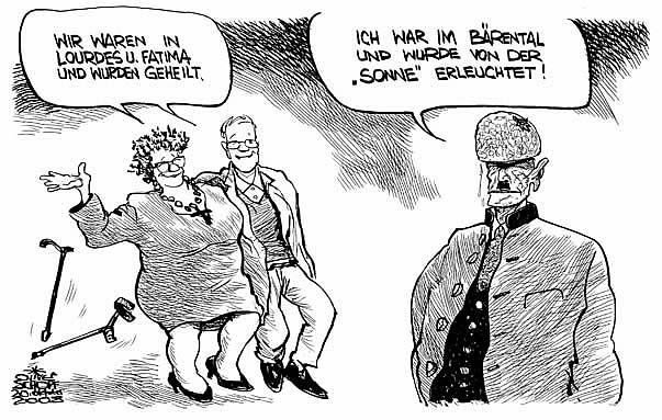  Oliver Schopf, politischer Karikaturist aus Österreich, politische Karikaturen, Illustrationen Archiv politische Karikatur Österreich: Jörg Haider 2008: kaernten, baerental, pilgerstaetten
   