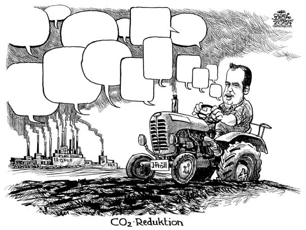  Oliver Schopf, politischer Karikaturist aus Österreich, politische Karikaturen, Illustrationen Archiv politische Karikatur Österreich: Klima und Umwelt emissionen, klimawandel, josef proell, co2 reduktion, traktor, leere sprechblasen 