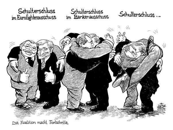  Oliver Schopf, politischer Karikaturist aus Österreich, politische Karikaturen, Illustrationen Archiv politische Karikatur Österreich: Koalition ÖVP SPÖ 2006-2008 gusenbauer, eurofighterausschuss, bankenausschuss, erbschaftssteuer, alfred gusenbauer, wilhelm molterer, gusenbauer, molterer, 
schulterschluss, fortschritt

