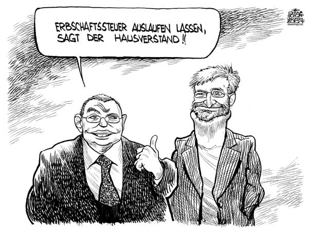  Oliver Schopf, politischer Karikaturist aus Österreich, politische Karikaturen, Illustrationen Archiv politische Karikatur Österreich: Koalition ÖVP SPÖ 2006-2008 2006, 2006,erbschaftssteuer, alfred gusenbauer, wilhelm molterer, hausverstand

