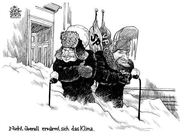  Oliver Schopf, politischer Karikaturist aus Österreich, politische Karikaturen, Illustrationen Archiv politische Karikatur Österreich: Koalition ÖVP SPÖ 2006-2008 2006,2006, klimaerwaermung, schadstoffemissionen, wissenschaft, gusenbauer, schuessel, koalitionsverhandlungen, spoe, oevp, eisblock
