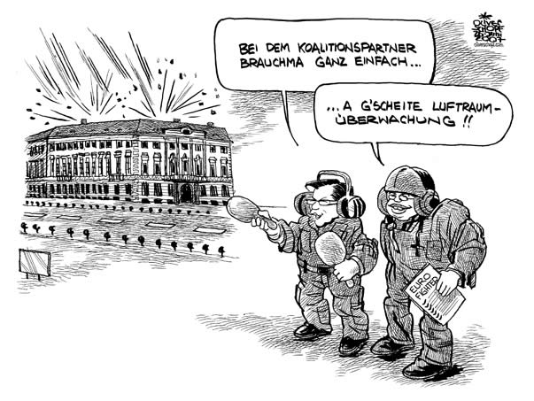  Oliver Schopf, politischer Karikaturist aus Österreich, politische Karikaturen, Illustrationen Archiv politische Karikatur Österreich: Koalition ÖVP SPÖ 2006-2008 2007, luftraumueberwachung, eurofighter, darabos, gusenbauer, bundeskanzleramt, piloten
