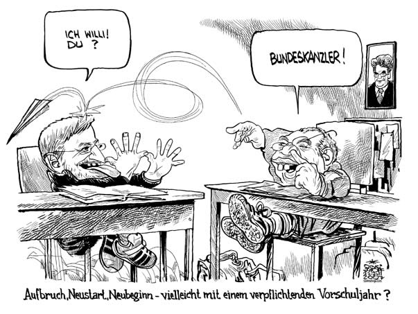  Oliver Schopf, politischer Karikaturist aus Österreich, politische Karikaturen, Illustrationen Archiv politische Karikatur Österreich: 2007; molterer, gusenbauer, vorschuljahr, bundeskanzler, regierung, aufbruch, neustart, neubeginn

