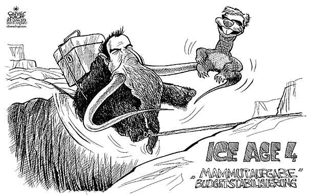  Oliver Schopf, politischer Karikaturist aus Österreich, politische Karikaturen, Illustrationen Archiv politische Karikatur Österreich Koalition 2009:  budget, proell, faymann, ice age, mammut, faultier, manni, sid
