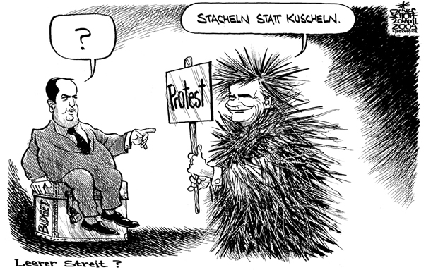  Oliver Schopf, politischer Karikaturist aus Österreich, politische Karikaturen, Illustrationen Archiv politische Karikatur Österreich Koalition 2008 övp spö Faymann Pröll Grosse koalition, 
2009: Faymann, proell, lehrerstreit, protest, stacheln, kuscheln, budget

